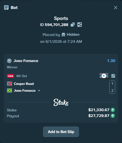 Bet slip: Casper Ruud - Joao Fonseca, $21,352.00 stake at 1.30 odds, placed by Hidden