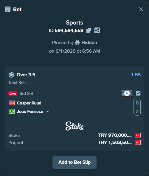 Bet slip: Casper Ruud - Joao Fonseca, $29,100.00 stake at 1.55 odds, placed by Hidden