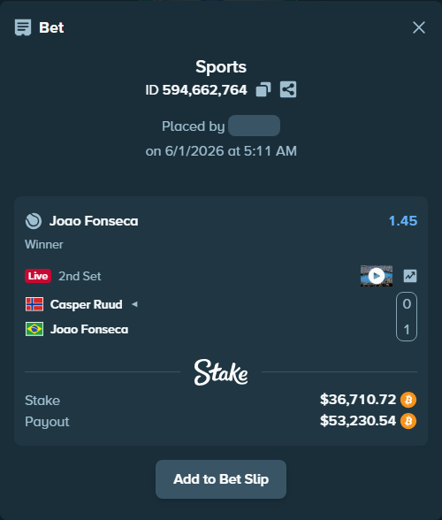 Bet slip: Casper Ruud - Joao Fonseca, $32,165.00 stake at 1.45 odds, placed by Baddy3130