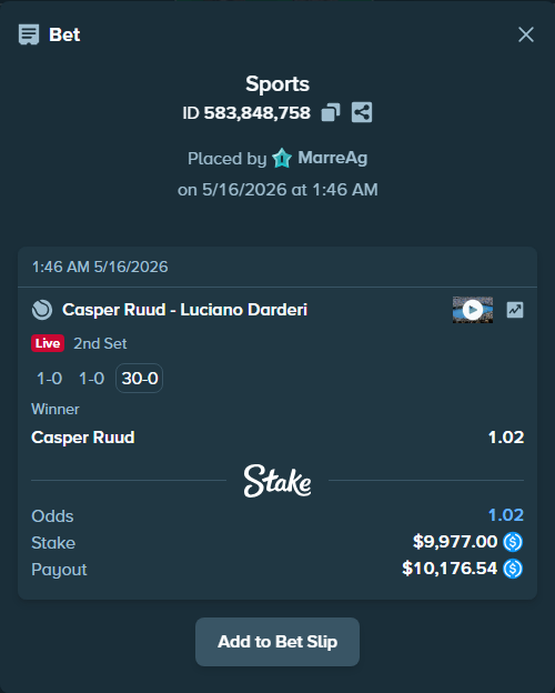 Bet slip: Casper Ruud - Luciano Darderi, $9,977.00 stake at 1.02 odds, placed by MarreAg