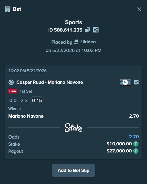 Bet slip: Casper Ruud - Mariano Navone, $10,010.00 stake at 2.70 odds, placed by Hidden