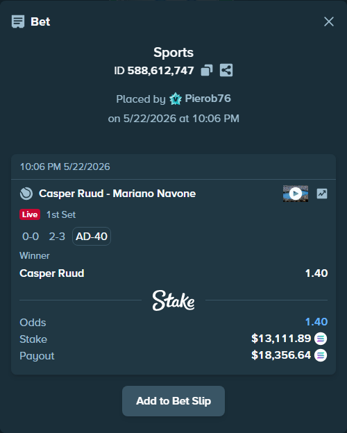 Bet slip: Casper Ruud - Mariano Navone, $11,011.50 stake at 1.40 odds, placed by Pierob76