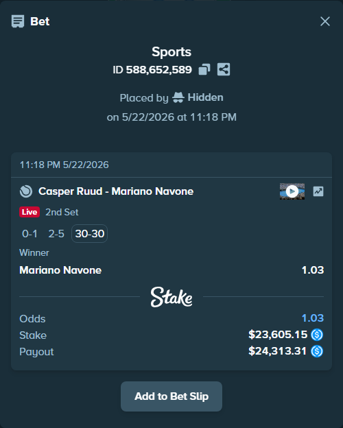 Bet slip: Casper Ruud - Mariano Navone, $23,605.15 stake at 1.03 odds, placed by Hidden