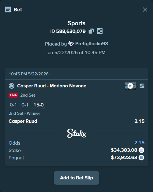 Bet slip: Casper Ruud - Mariano Navone, $28,799.55 stake at 2.15 odds, placed by Prettylfacko98