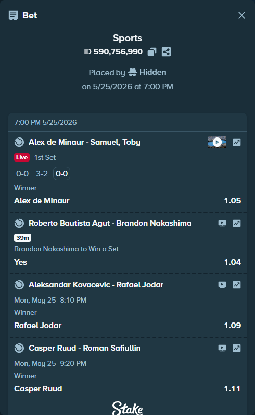 Bet slip: Casper Ruud - Roman Safiullin, $16,298.00 stake at 1.11 odds, placed by Hidden