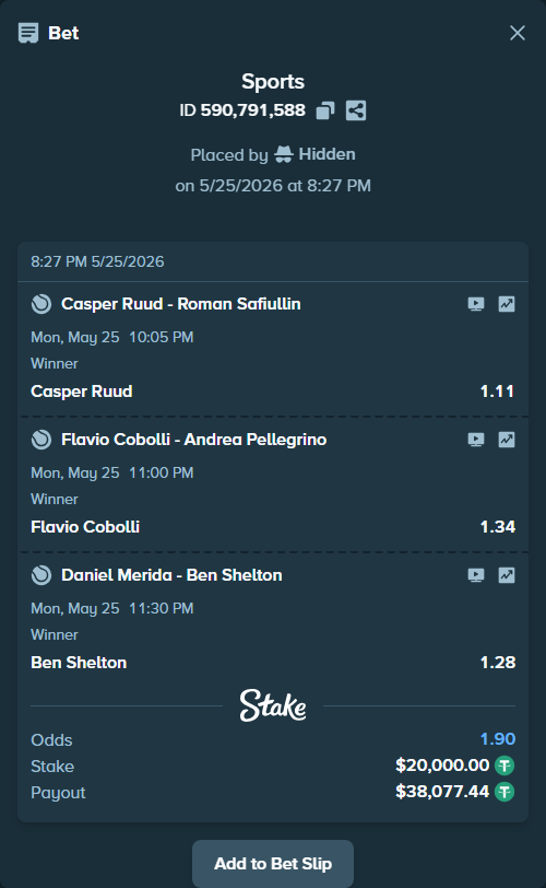 Bet slip: Casper Ruud - Roman Safiullin, $20,020.00 stake at 1.11 odds, placed by Hidden
