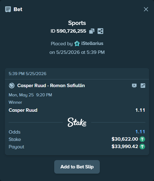 Bet slip: Casper Ruud - Roman Safiullin, $30,622.00 stake at 1.11 odds, placed by iStellarius