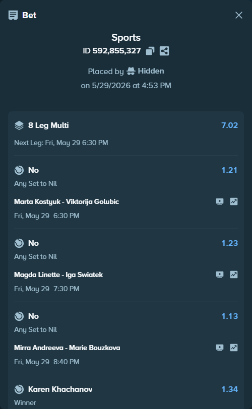 Bet slip: Casper Ruud - Tommy Paul, $10,000.00 stake at 1.32 odds, placed by Hidden