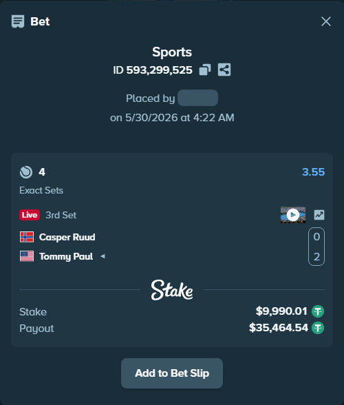 Bet slip: Casper Ruud - Tommy Paul, $10,000.00 stake at 3.55 odds, placed by Regenergy