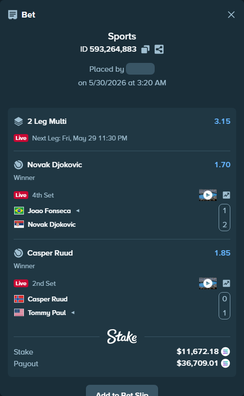 Bet slip: Casper Ruud - Tommy Paul, $10,221.02 stake at 1.85 odds, placed by Sacha0305