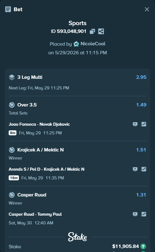 Bet slip: Casper Ruud - Tommy Paul, $11,917.75 stake at 1.31 odds, placed by NicoleCoal