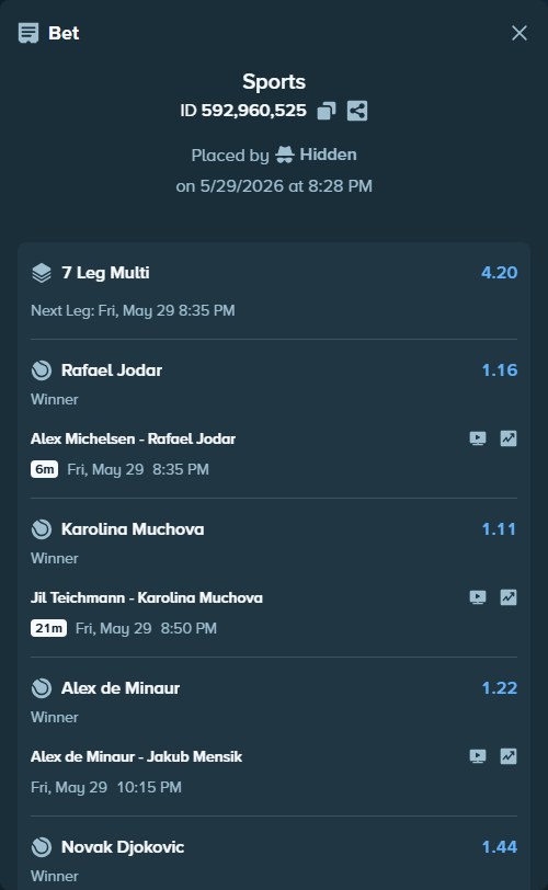 Bet slip: Casper Ruud - Tommy Paul, $15,923.14 stake at 1.31 odds, placed by Hidden
