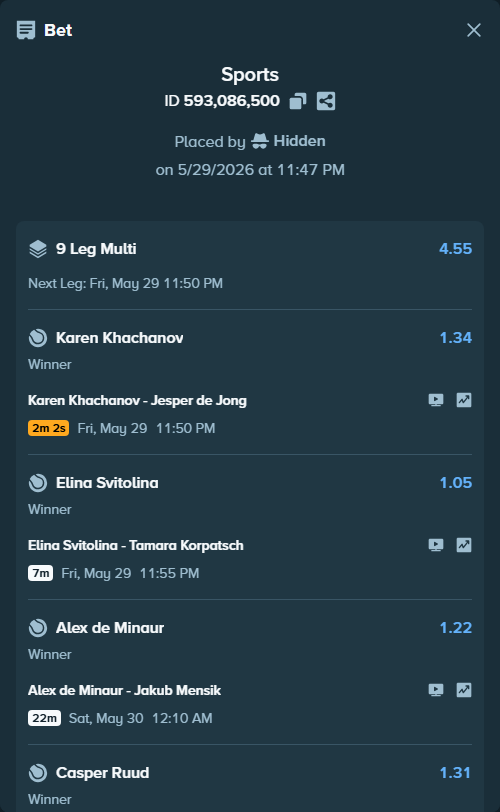 Bet slip: Casper Ruud - Tommy Paul, $200,000.00 stake at 1.31 odds, placed by Hidden