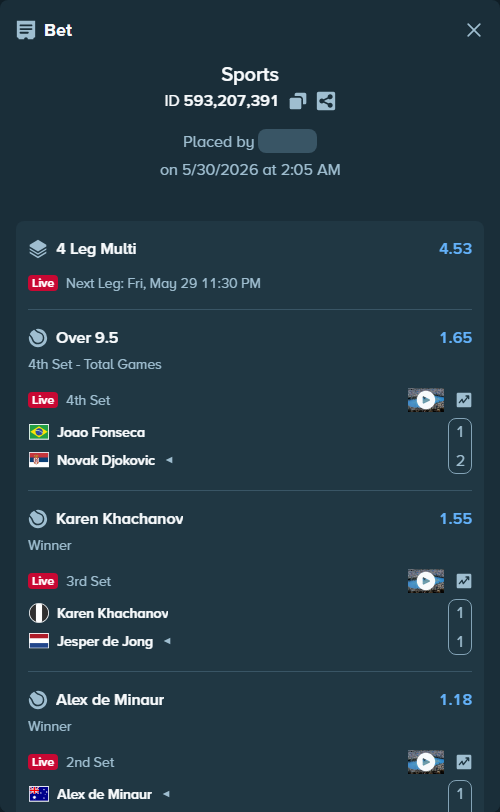 Bet slip: Casper Ruud - Tommy Paul, $20,020.00 stake at 1.50 odds, placed by Mwillalwayswin