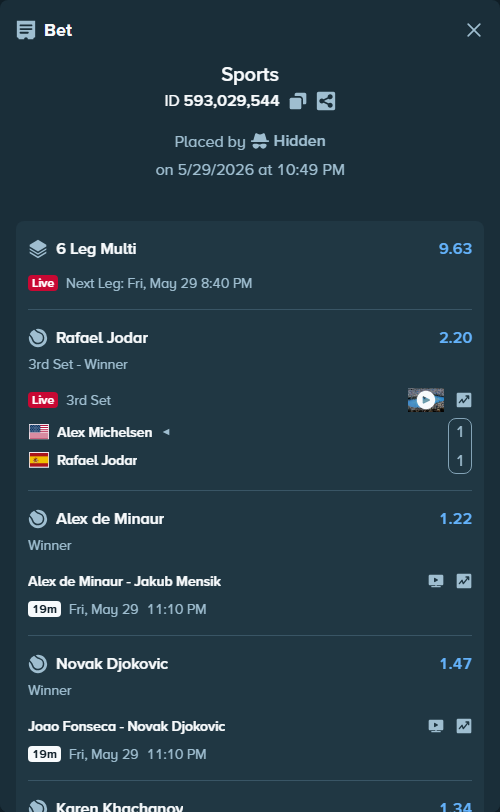 Bet slip: Casper Ruud - Tommy Paul, $21,984.78 stake at 1.31 odds, placed by Hidden