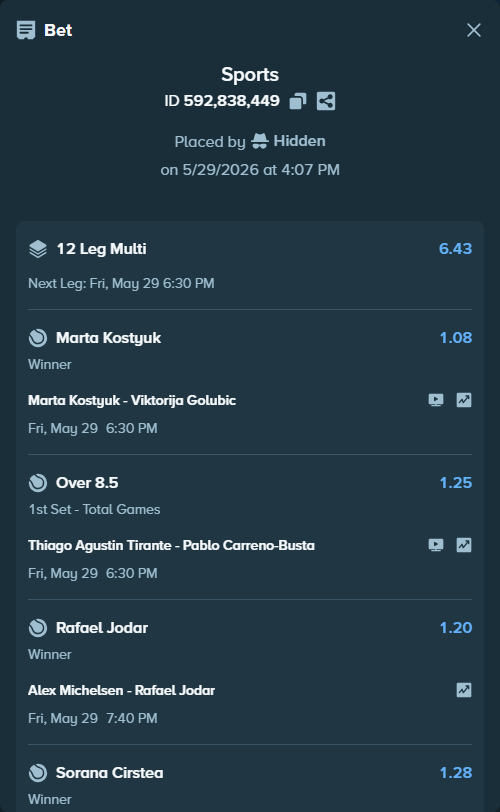 Bet slip: Casper Ruud - Tommy Paul, $75,000.00 stake at 1.31 odds, placed by Hidden
