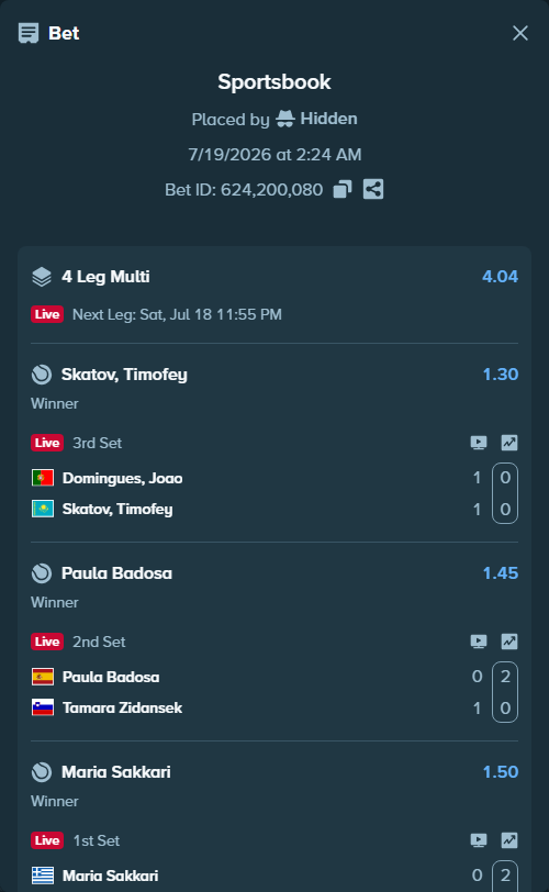 Bet slip: Cassone, Murphy - Arthur Gea, $10,498.50 stake at 1.43 odds, placed by Hidden