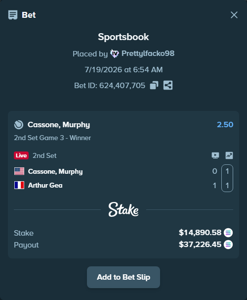Bet slip: Cassone, Murphy - Arthur Gea, $14,316.16 stake at 2.50 odds, placed by Prettylfacko98