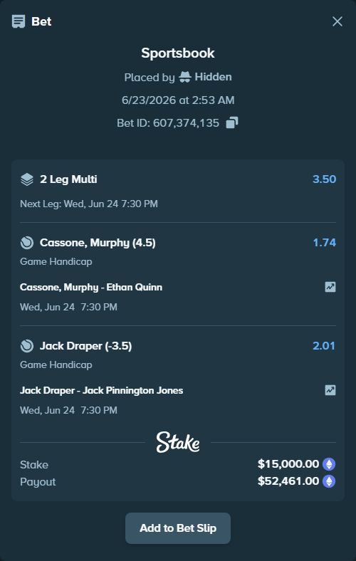 Bet slip: Cassone, Murphy - Ethan Quinn, $13,707.23 stake at 1.74 odds, placed by Hidden