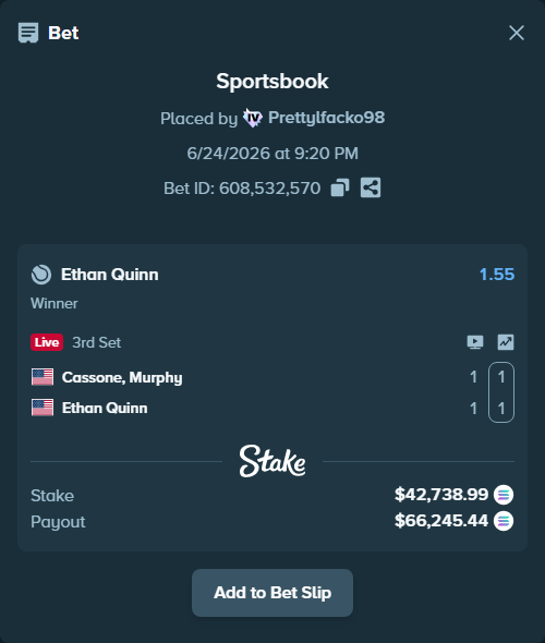 Bet slip: Cassone, Murphy - Ethan Quinn, $45,231.00 stake at 1.55 odds, placed by Prettylfacko98