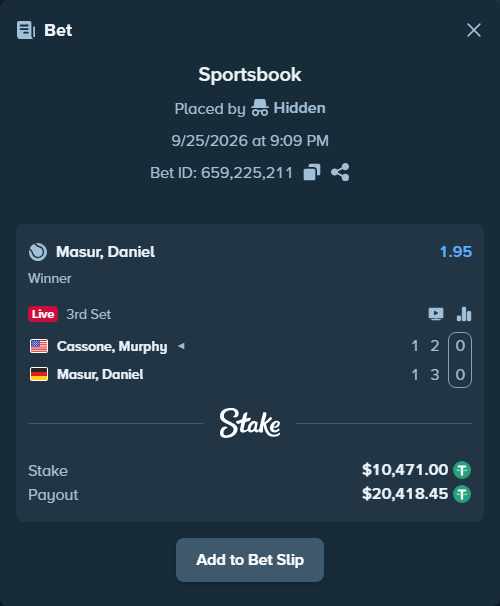Bet slip: Cassone, Murphy - Masur, Daniel, $10,471.00 stake at 1.95 odds, placed by Hidden