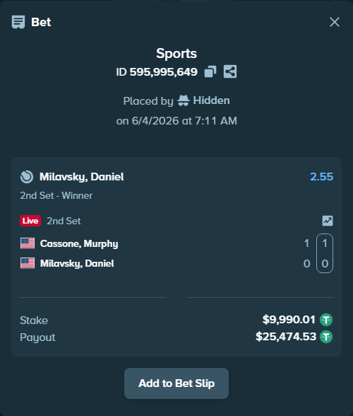 Bet slip: Cassone, Murphy - Milavsky, Daniel, $10,000.00 stake at 2.55 odds, placed by Hidden