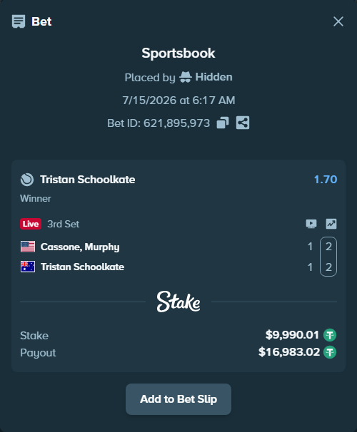 Bet slip: Cassone, Murphy - Tristan Schoolkate, $10,000.00 stake at 1.70 odds, placed by Hidden