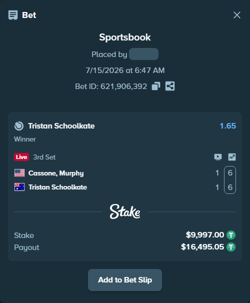 Bet slip: Cassone, Murphy - Tristan Schoolkate, $10,007.00 stake at 1.65 odds, placed by WinTr10
