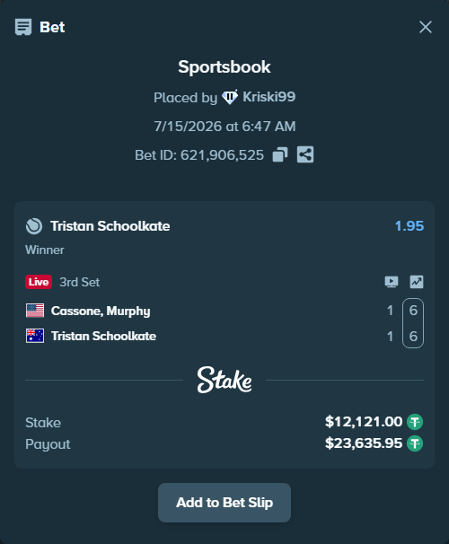 Bet slip: Cassone, Murphy - Tristan Schoolkate, $12,133.12 stake at 1.95 odds, placed by Kriski99