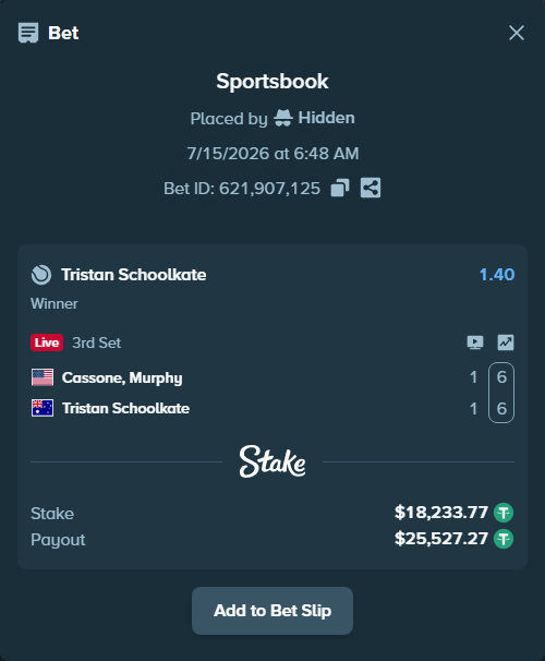 Bet slip: Cassone, Murphy - Tristan Schoolkate, $18,252.00 stake at 1.40 odds, placed by Hidden
