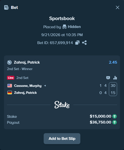 Bet slip: Cassone, Murphy - Zahraj, Patrick, $15,000.00 stake at 2.45 odds, placed by Hidden