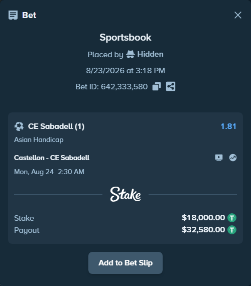 Bet slip: Castellon - CE Sabadell FC, $18,000.00 stake at 1.81 odds, placed by Hidden