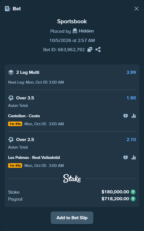 Bet slip: Castellon - Ceuta, $180,000.00 stake at 1.90 odds, placed by Hidden