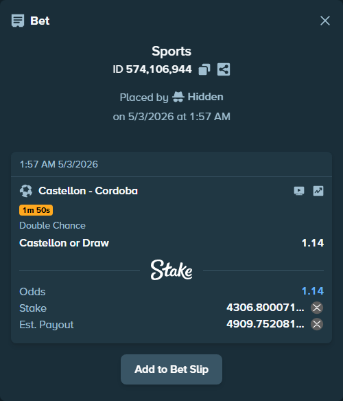 Bet slip: Castellon - Cordoba, $4,952.82 stake at 1.14 odds, placed by Hidden