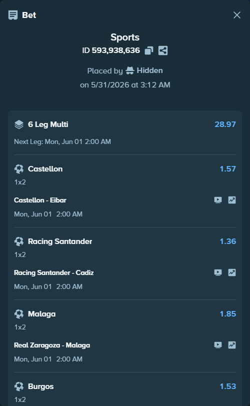 Bet slip: Castellon - Eibar, $10,112.96 stake at 1.57 odds, placed by Hidden