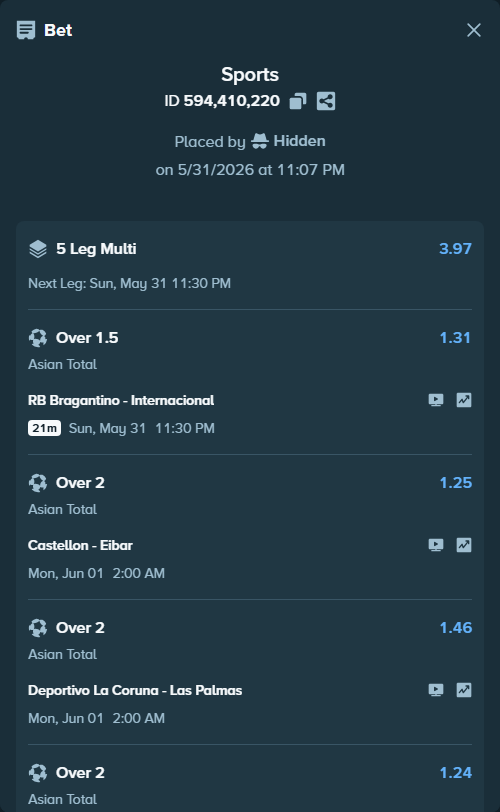 Bet slip: Castellon - Eibar, $35,035.00 stake at 1.25 odds, placed by Hidden