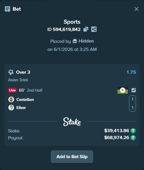Bet slip: Castellon - Eibar, $39,453.28 stake at 1.75 odds, placed by Hidden
