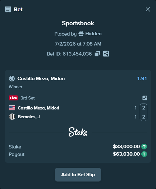 Bet slip: Castillo Meza, Midori - Bernales, J, $33,033.00 stake at 1.91 odds, placed by Hidden