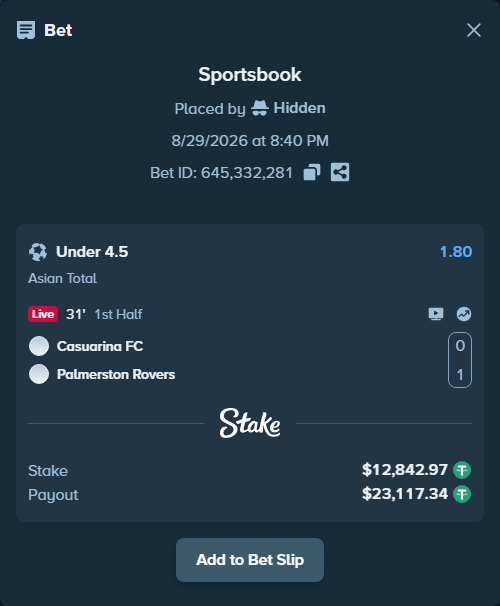 Bet slip: Casuarina FC - Palmerston Rovers, $12,842.97 stake at 1.80 odds, placed by Hidden