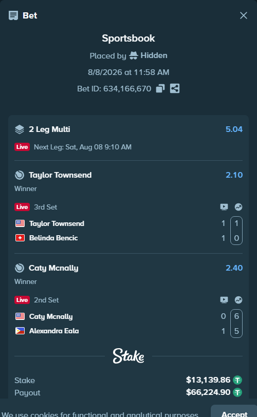 Bet slip: Caty Mcnally - Alexandra Eala, $13,153.00 stake at 2.40 odds, placed by Hidden