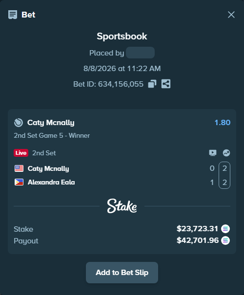 Bet slip: Caty Mcnally - Alexandra Eala, $23,750.23 stake at 1.80 odds, placed by Prettylfacko98
