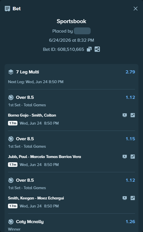 Bet slip: Caty Mcnally - Emiliana Arango, $10,000.00 stake at 1.26 odds, placed by Yarmola999