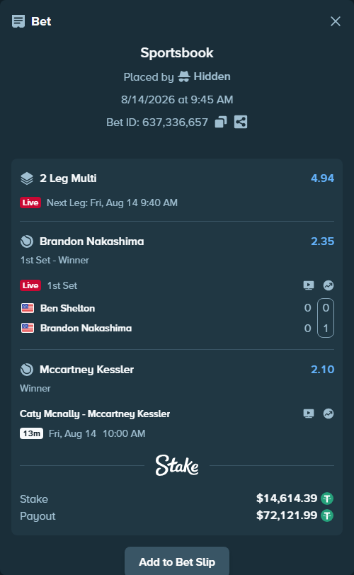 Bet slip: Caty Mcnally - Mccartney Kessler, $14,629.00 stake at 2.10 odds, placed by Hidden