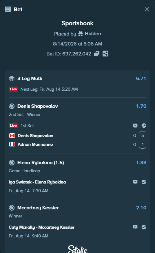 Bet slip: Caty Mcnally - Mccartney Kessler, $21,394.00 stake at 2.10 odds, placed by Hidden