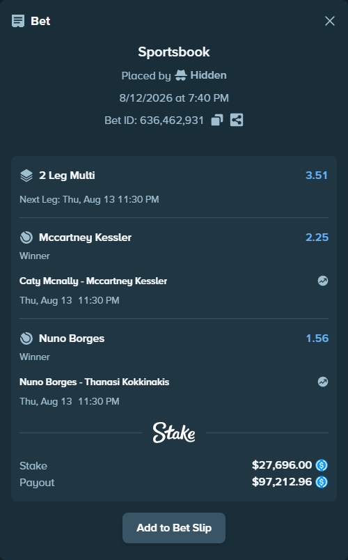 Bet slip: Caty Mcnally - Mccartney Kessler, $27,696.00 stake at 2.25 odds, placed by Hidden