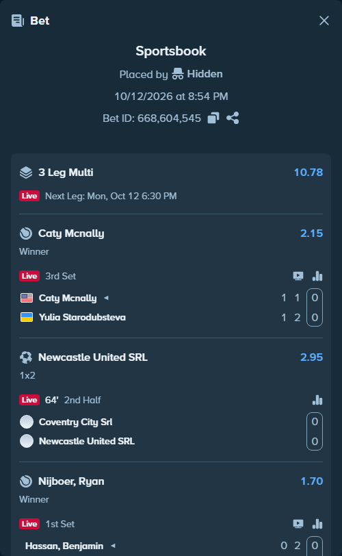 Bet slip: Caty Mcnally - Yulia Starodubsteva, $10,000.00 stake at 2.15 odds, placed by Hidden