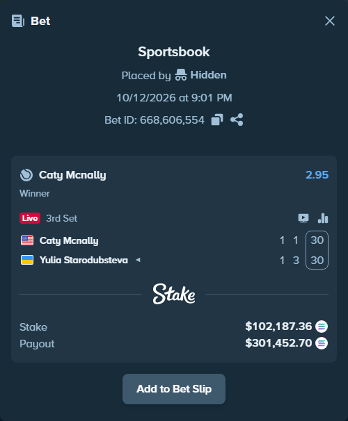 Bet slip: Caty Mcnally - Yulia Starodubsteva, $101,950.08 stake at 2.95 odds, placed by Prettylfacko98