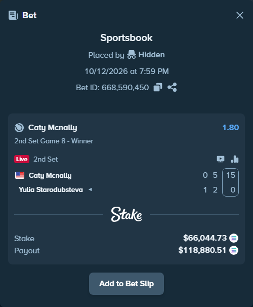 Bet slip: Caty Mcnally - Yulia Starodubsteva, $66,030.12 stake at 1.80 odds, placed by Prettylfacko98