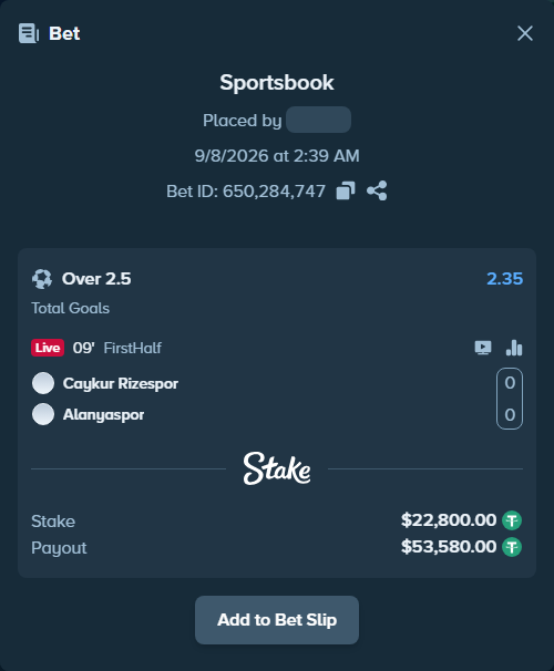Bet slip: Caykur Rizespor - Alanyaspor, $22,800.00 stake at 2.35 odds, placed by ayoflasher