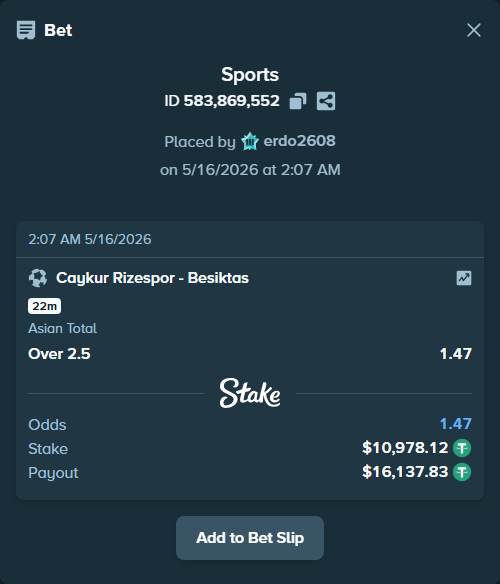 Bet slip: Caykur Rizespor - Besiktas, $10,989.09 stake at 1.47 odds, placed by erdo2608